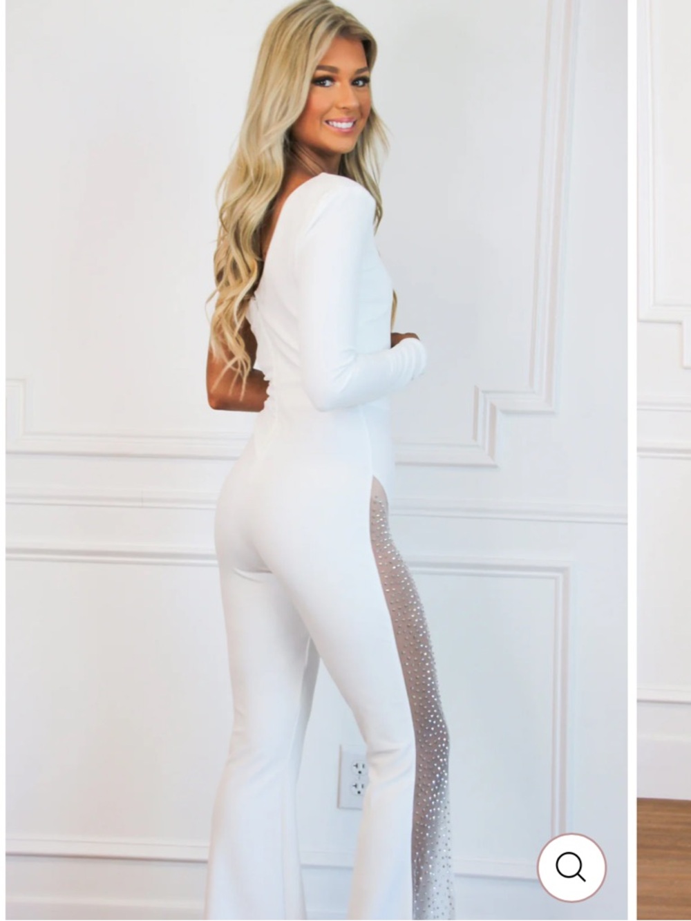 Shoulder White Jumpsuit with Rhinestone Side Panel - Picture 2 of 3